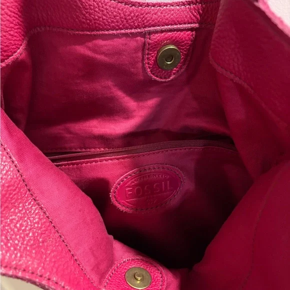 Fossil Genuine Leather Tote Bag Fuchsia Double Zip Pocket Shoulder Bag - Picture 3 of 3